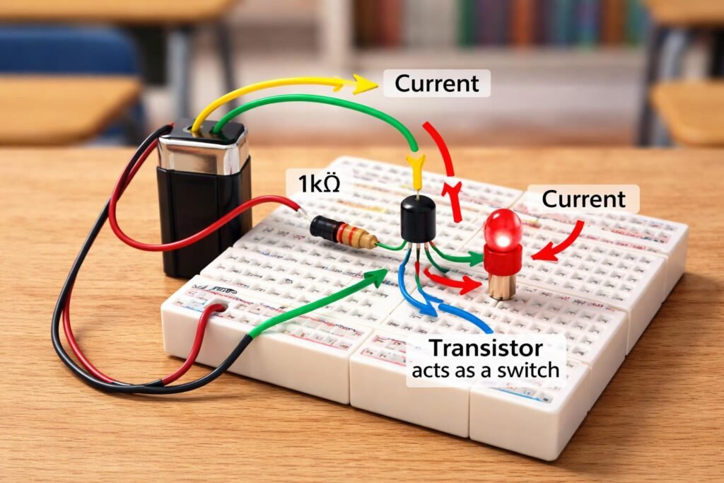 Jednoduché a zrozumiteľné vysvetlenie fungovania tranzistora pre začiatočníkov 13 Praktický príklad zapojenia tranzistora s viditeľnými spojmi a komponentmi na doske