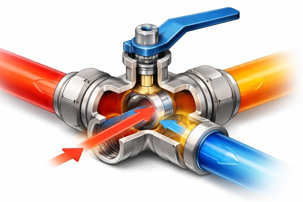 - Trojcestný guľový ventil riadi prietok média v vykurovacích systémoch s reguláciou prietoku