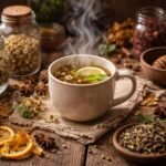 Teplý šál s bylinkovým nápojom a koreninami podporujúcimi zdravie prírodou a životosprávou