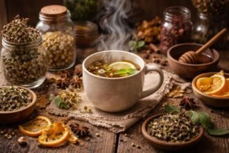 Teplý šál s bylinkovým nápojom a koreninami podporujúcimi zdravie prírodou a životosprávou