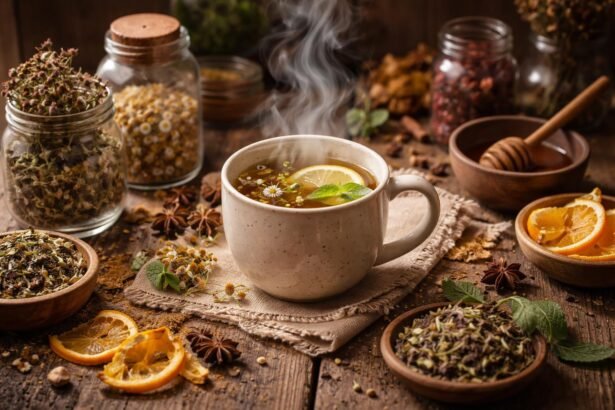 Teplý šál s bylinkovým nápojom a koreninami podporujúcimi zdravie prírodou a životosprávou
