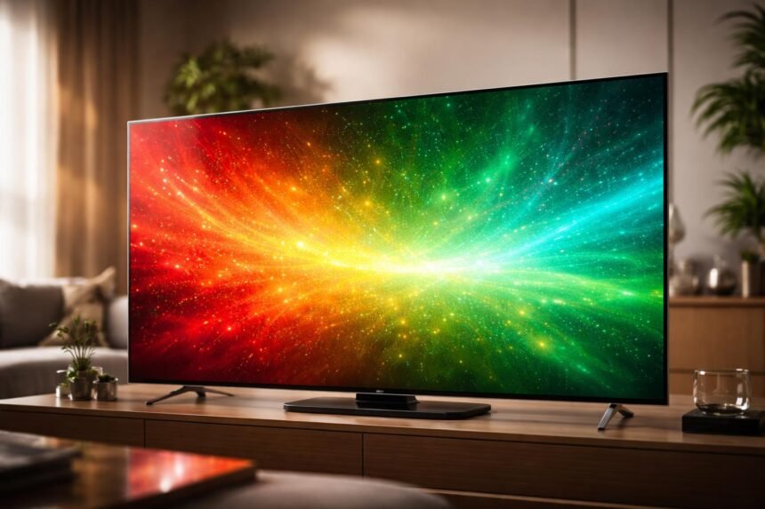 Pohľad na jasný a živý obraz na QLED televízore s kvantovými bodkami.