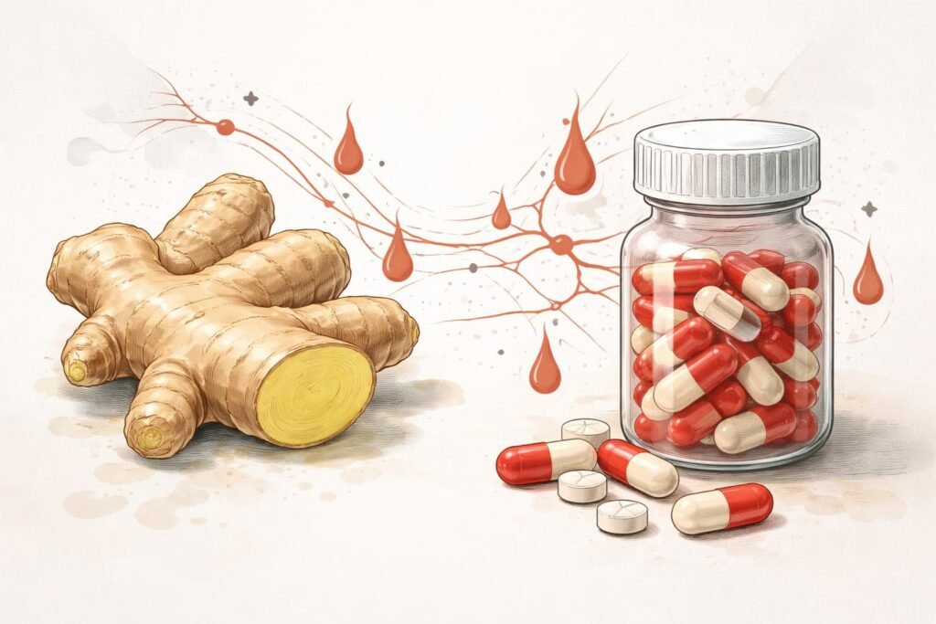 Ilustrácia rizík zázvoru pri užívaní liekov na riedenie krvi a interakcií s liekmi