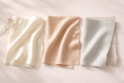 Zobrazené textílie viskóza, polyester a ľan na farebných vzorkách látok