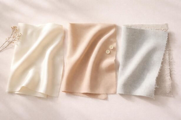 Zobrazené textílie viskóza, polyester a ľan na farebných vzorkách látok