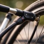 Cyklista dopĺňa vzduch do pneumatiky prostredníctvom pumpy s tlakovým meradlom.