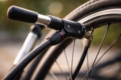 Cyklista dopĺňa vzduch do pneumatiky prostredníctvom pumpy s tlakovým meradlom.