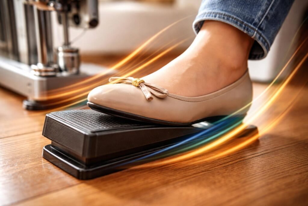 - Plynulé ovládanie rýchlosti šitia pedálom pre začiatočníkov pri rôznych typoch stehov