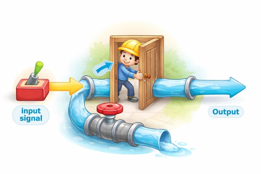 Jednoduché a zrozumiteľné vysvetlenie fungovania tranzistora pre začiatočníkov 14 Jednoduchý obraz tranzistora vysvetľuje, ako vstupný signál riadi prúd medzi kolektorom a emitorom.