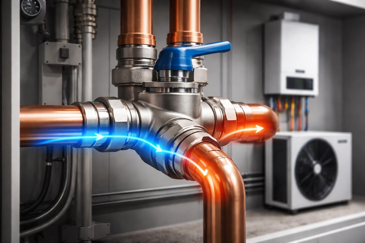 Trojcestný guľový ventil zapojený v vykurovacom systéme so viacerými vetvami prietoku