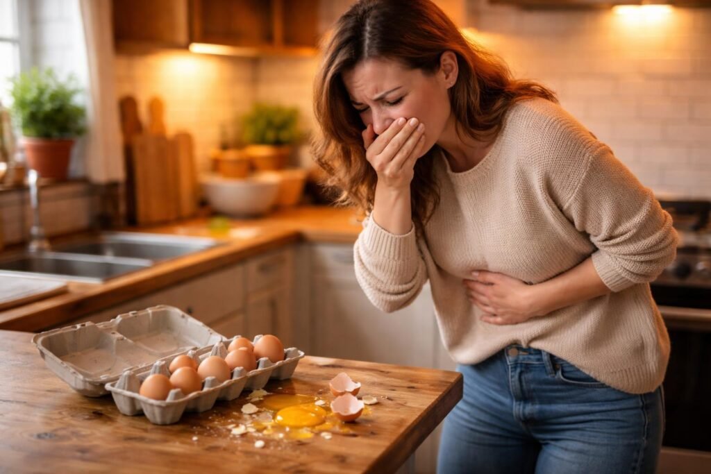Typické príznaky po zjedení pokazených vajec zahŕňajú nevoľnosť, zvracanie a bolesti brucha.