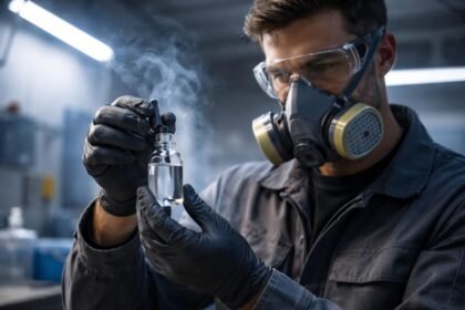 Osoba v dielni s respirátorom pri práci s nitro riedidlom a ventiláciou