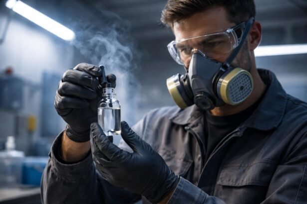 Osoba v dielni s respirátorom pri práci s nitro riedidlom a ventiláciou