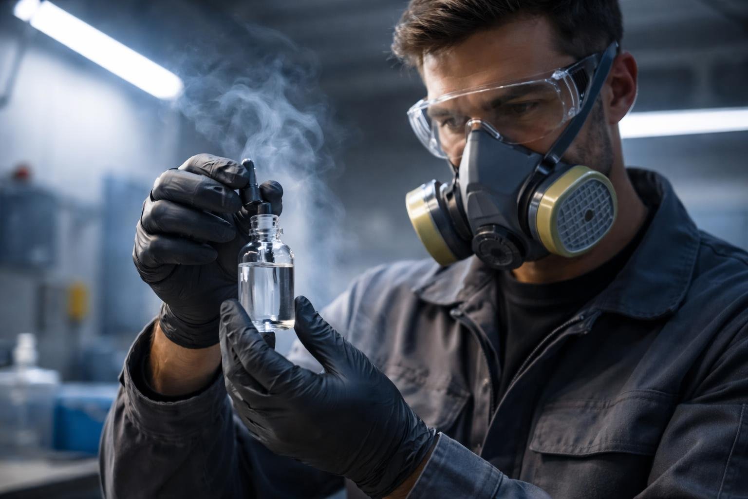 Osoba v dielni s respirátorom pri práci s nitro riedidlom a ventiláciou