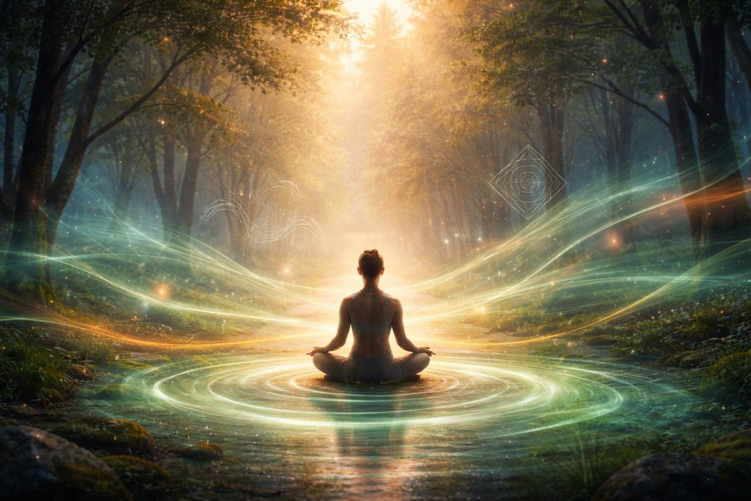 Relaxačná scéna s vizuálnou predstavou solfeggio frekvencií a harmónie tela.