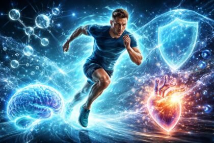 Ilustrácia znázorňuje taurín v mozgu, srdci, svaloch a očiach pri energizácii.