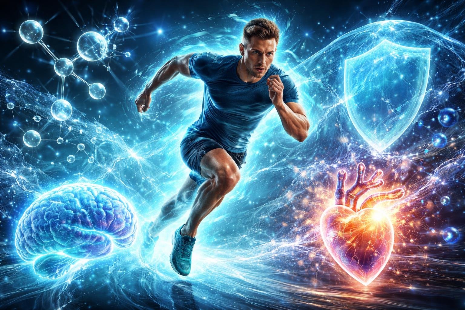 Ilustrácia znázorňuje taurín v mozgu, srdci, svaloch a očiach pri energizácii.