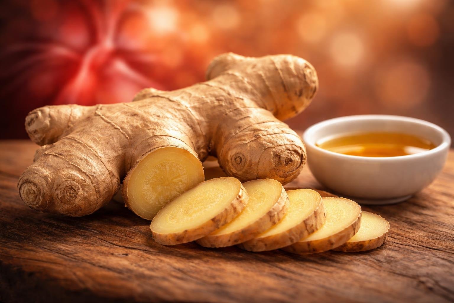 Zázvorový koreň na stole, vedľa testovacích nádob a vzoriek krvi.