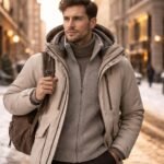 Žena v vrstvenom oblečení kráča zimnou ulicou s výrazným štýlom.