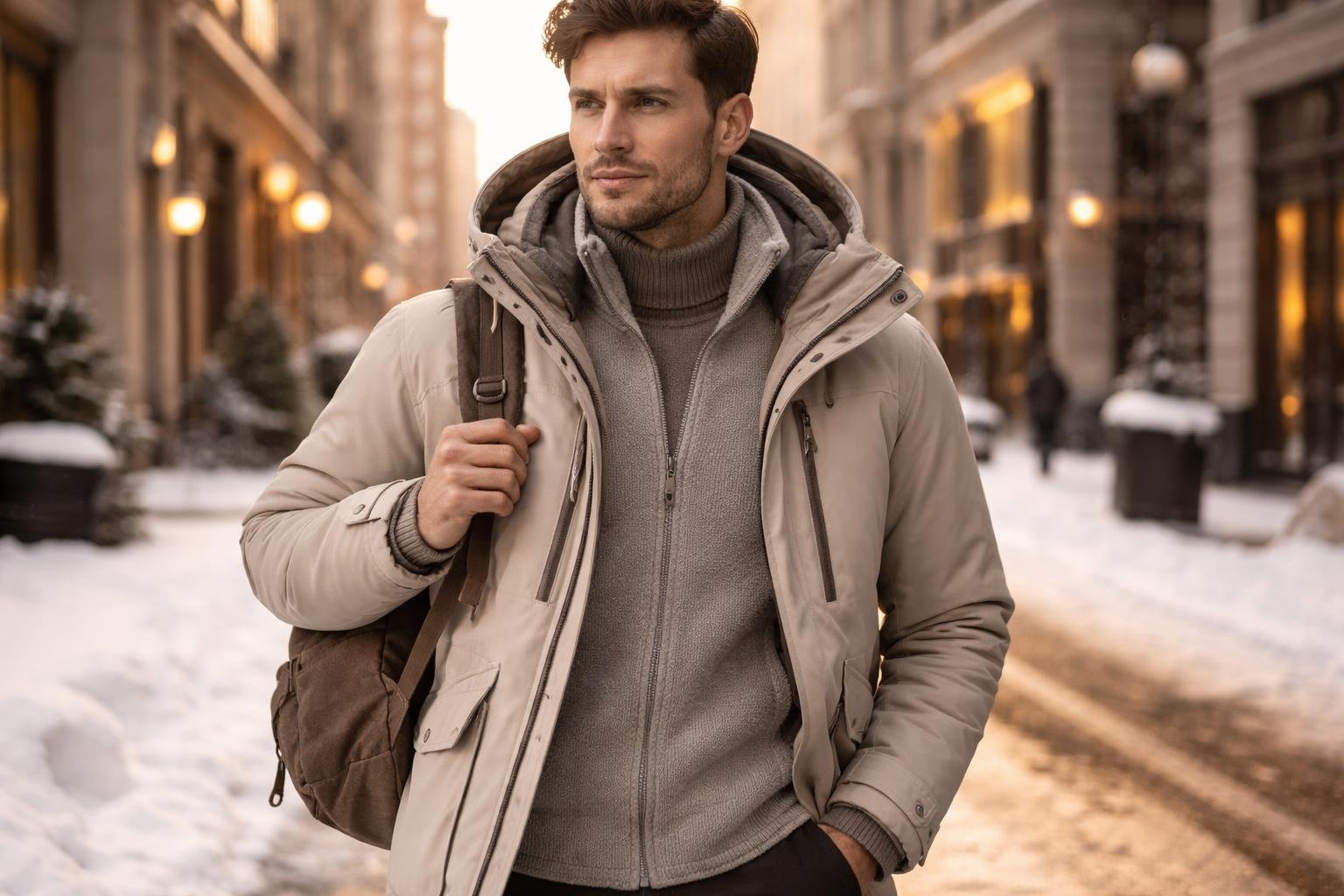 Žena v vrstvenom oblečení kráča zimnou ulicou s výrazným štýlom.