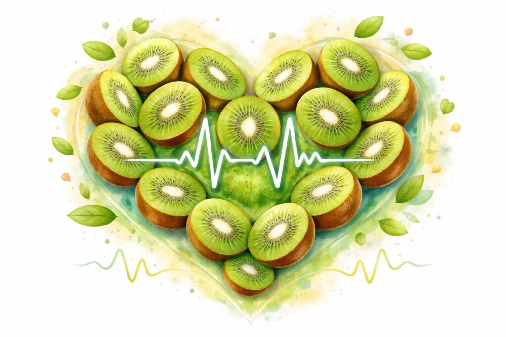 Kivi na stole, zobrazené srdce, krvný tlak a hladiny cholesterolu.