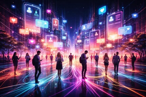 Dve osoby siahajú po smartfónoch nad otvoreným laptopom so sociálnymi ikonami.