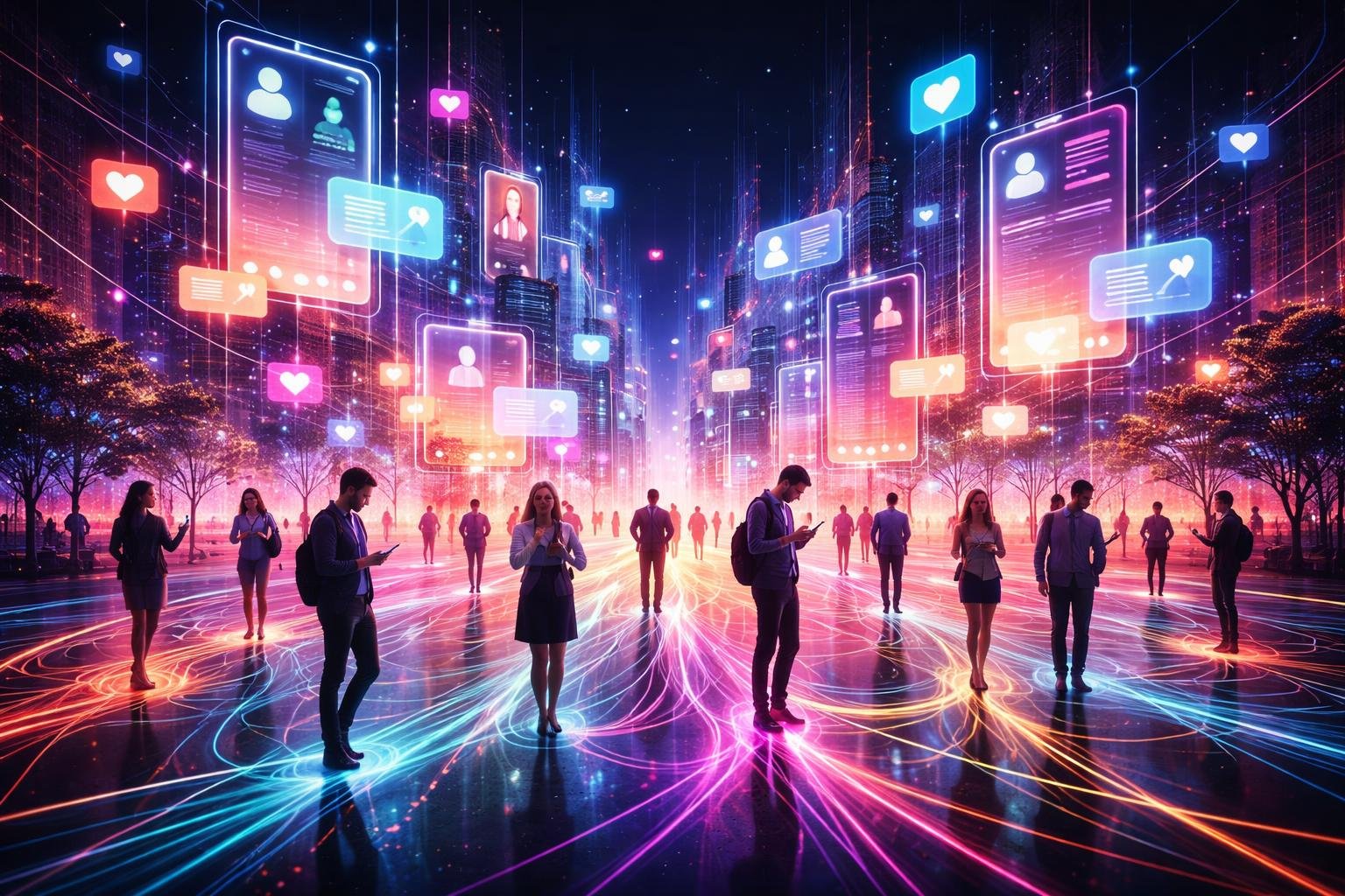 Dve osoby siahajú po smartfónoch nad otvoreným laptopom so sociálnymi ikonami.