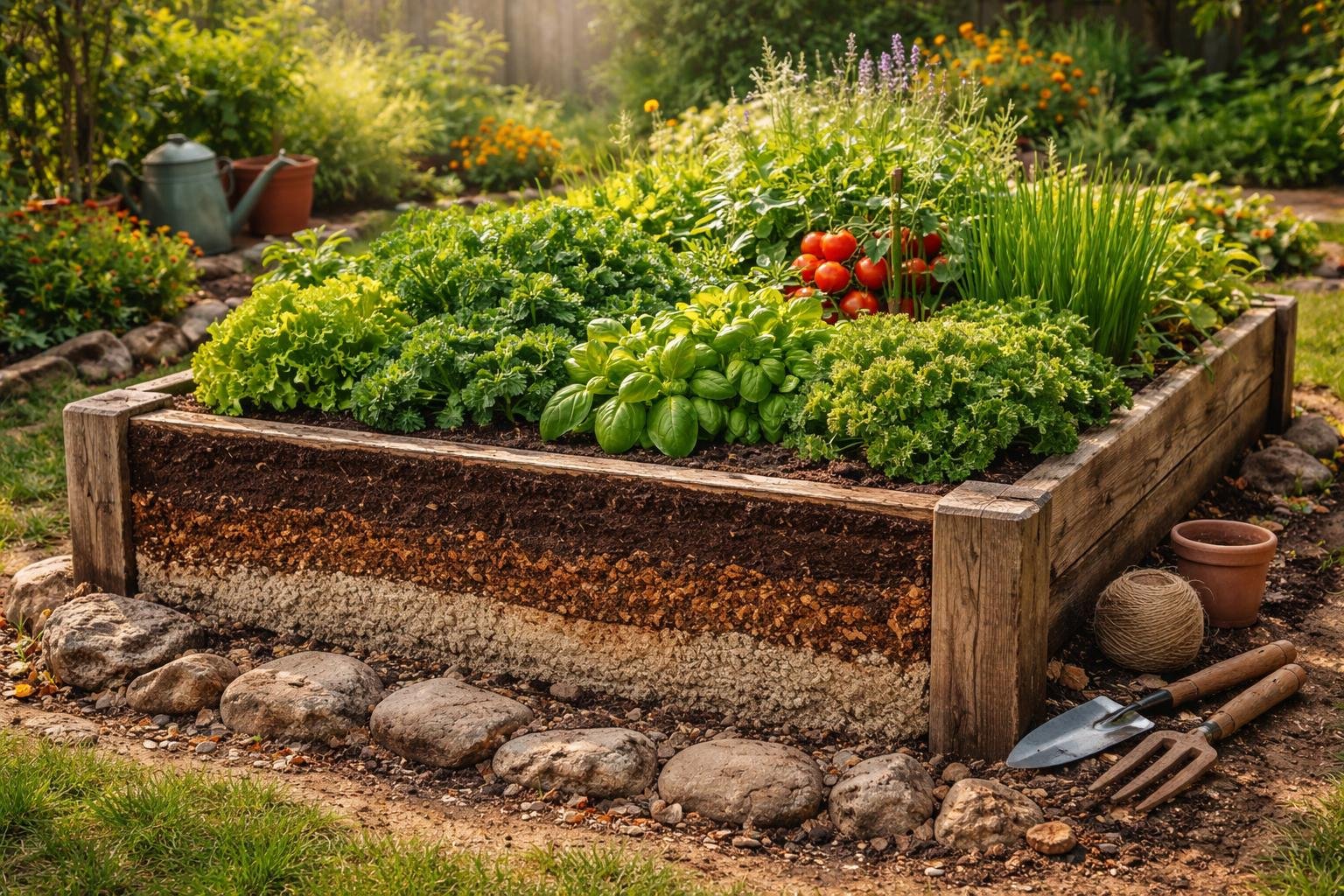 Vyvýšený záhon; vrstvy pôdy; zadržiava vlhkosť; uvoľňuje živiny pre rastliny