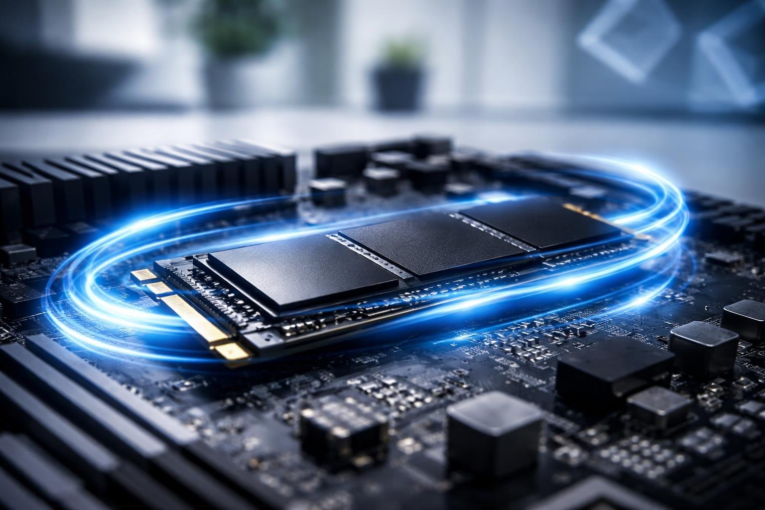 Ilustrácia počítača so SSD diskom, znázorňujúca rýchlosť a spoľahlivosť moderných úložísk