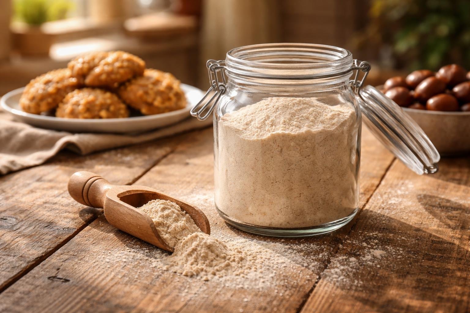 Obrázok gaštanovej múky na drevenom povrchu s zdravými surovinami a misou