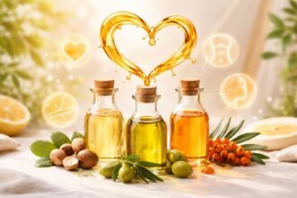 Obrázok zobrazujúci omega-7 mastné kyseliny v zdravom kontexte s ikonami srdca.