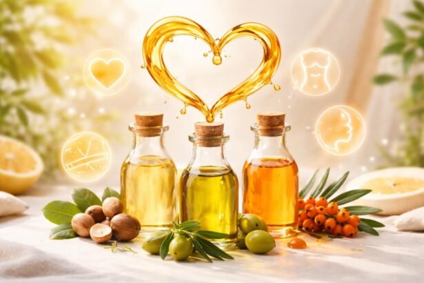 Obrázok zobrazujúci omega-7 mastné kyseliny v zdravom kontexte s ikonami srdca.