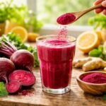 - Prášok z červenej repy vo fľaštičke s ovocím a lyžicou