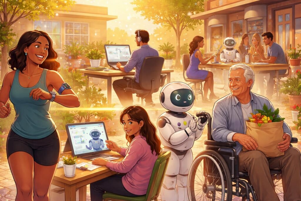 Ilustrácia bežných ľudí využívajúcich AI na zlepšenie každodenného života dnes