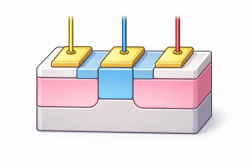 Jednoduché a zrozumiteľné vysvetlenie fungovania tranzistora pre začiatočníkov 12 Zobrazenie vnútorných častí tranzistora: základné vrstvy, svorky a kontakty na doske