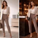 Žena v kancelárskom outfite dokončuje večerný vzhľad pomocou doplnkov a líčenia.