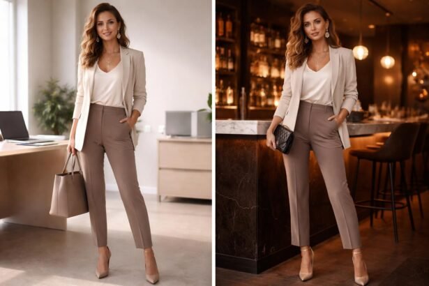 Žena v kancelárskom outfite dokončuje večerný vzhľad pomocou doplnkov a líčenia.