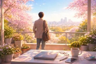 Mladá osoba stojí pri otvorenej bráne, jar plná energie a nových cieľov.