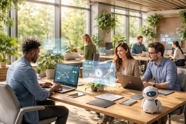 Kancelária počas jari, zamestnanci používajú AI nástroje na prácu a zefektívnenie komunikácie so zákazníkmi