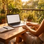 Pracovný priestor doma so slnkom za oknom a jasnou rutinou