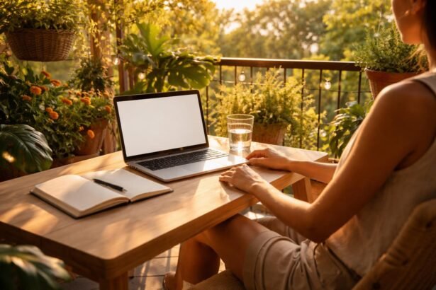 Pracovný priestor doma so slnkom za oknom a jasnou rutinou