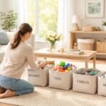 Pohľad na usporiadaný domáci priestor počas jarného upratovania, čistoty a ľahkosti.