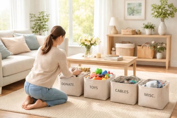 Pohľad na usporiadaný domáci priestor počas jarného upratovania, čistoty a ľahkosti.