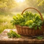 Jarné bylinky na lúke: čerstvé listy, kvety a mladé rastliny s vôňou