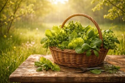 Jarné bylinky na lúke: čerstvé listy, kvety a mladé rastliny s vôňou